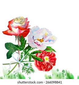 Watercolor background with red poppy. Vector illustration