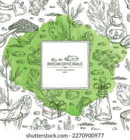 Watercolor background with rheum officinale: rheum officinale plant, leaves and rheum officinale roots. Chinese rhubarb. Oil, soap and bath salt . Cosmetics and medical plant. Vector hand drawn