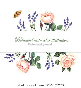  Watercolor background with roses and lavender. Vectorized watercolor drawing. Illustration for greeting cards, invitations, and other printing projects.