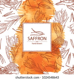 Watercolor background with saffron: flower and saffron stamens. Vector hand drawn illustration.