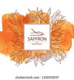 Watercolor background with saffron: flower and saffron stamens. Vector hand drawn illustration.