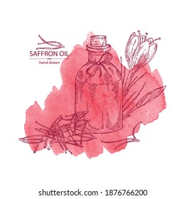 Watercolor background with saffron flower and  stamens and bottle of saffron essential oil. Cosmetic, perfumery and medical plant. Vector hand drawn illustration.