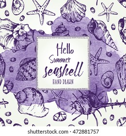 Watercolor background with seashell. hand drawn