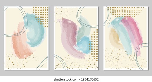 Conjunto de fondo acuarela con formas abstractas. Pintura moderna con textura de brocha, colores pastel y toques dorados. Diseño de arte contemporáneo para afiches, tarjetas, impresos, portada. Ilustración vectorial.