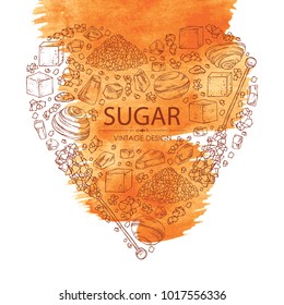 Watercolor background in the shape of the heart with different kinds of sugar: sugar sand, refined sugar, crystals. Vector hand drawn illustration.