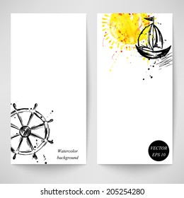 Watercolor background with the ship, the sun and the steering wheel. Summer. Vector.