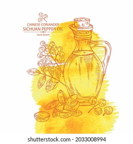 Watercolor background with sichuan pepper: plant, pepper, leaves  and bottle of sichuan pepper oil. Chinese coriander. Vector hand drawn illustration