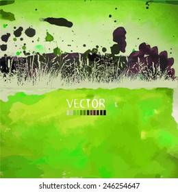 Watercolor background with a silhouette of grass. Vector