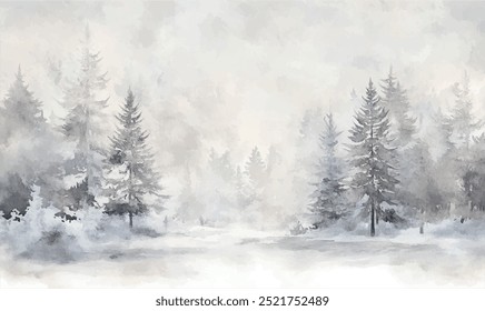 Watercolor background silhouettes of snow-covered pines in soft blue and white shades