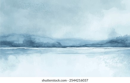 Watercolor background silhouettes of snow-covered pines in soft blue and white shades	

