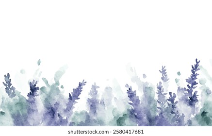 Watercolor background simple minimalistic. Muted lavender and sage green texture on paper. A minimalist arrangement of lavender sprigs at the bottom