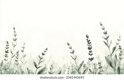 Watercolor background simple minimalistic. Muted lavender and sage green texture on paper. A minimalist arrangement of lavender sprigs at the bottom