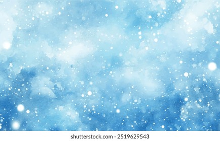 Aquarellhintergrund, weicher Aquarellschnee auf hellblauem Hintergrund, leicht unscharf, was den Effekt eines weichen Winterschneefalls erzeugt