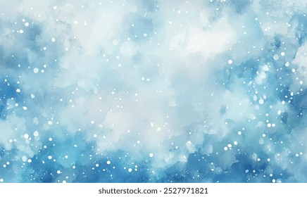 Fondo de la acuarela, nieve suave de la acuarela en un fondo azul claro, suavemente borroso, creando el efecto de una nevada suave del invierno