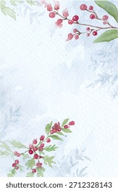 Watercolor background with a soft white texture, featuring red berries and green leaves. The background is light and airy, with white and red hues. Christmas background vector.