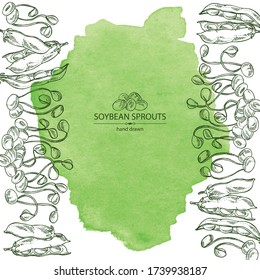 Watercolor background with soybean sprouts: sprouted soybean and soybeans. Vector hand drawn illustration