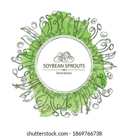 Watercolor background with soybean sprouts: sprouted soybean and soybeans. Vector hand drawn illustration