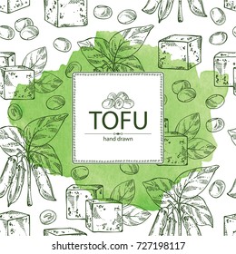 Watercolor background with soybean tofu, soy plant and soya beans. Vector hand drawn illustration.