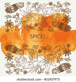 Watercolor background with spice: ginger, cinnamon, cloves, cumin seeds, vanilla, star anise, cardamon, saffron. hand drawn