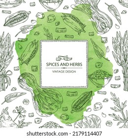 Watercolor background with spices and herbs: bok choy plant , ipomoea water, water spinach, sesame plant and sesame seeds, asafoetida powder. Vector hand drawn illustration. 