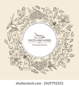 Fondo de acuarela con especias y hierbas: azafrán, hojas de árbol de curry, nigella sativa flor y semillas, hojas de espinaca. Ilustración dibujada a mano del vector.