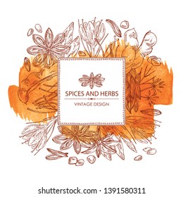 Watercolor background with spices: tamarindus indica, zira, cumin, badyan, star anise and saffron . Vector hand drawn illustration.