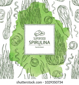 Watercolor background with spirulina, spirulina algae. Superfood. Vector hand drawn illustration.