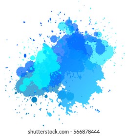 Watercolor background with splashes and drops of blue color. Summer vector. Bright design