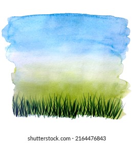 Watercolor background Spring Summer blue sky and green grass.