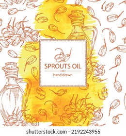 Watercolor background with sprouts of wheat germ and bottle of wheat germ oil. Vector hand drawn illustration.