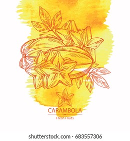 Watercolor background with star fruit: carambola fruit, leaves and slice of carambola. Vector hand drawn illustration