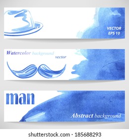 Watercolor background with stylish men's hat and mustache. Vector.