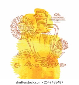 Watercolor background with sunflower: sunflower flower and sunflower seeds and bottle of sunflower oil. Vector hand drawn illustration