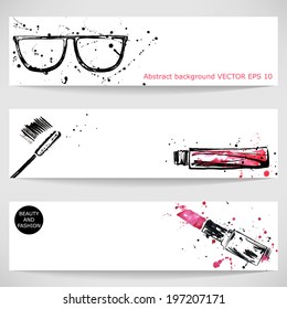 Watercolor background with sunglasses, red lipstick and mascara. Fashion illustration. Vector.