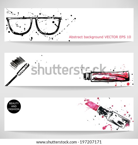 Watercolor background with sunglasses, red lipstick and mascara. Fashion illustration. Vector.
