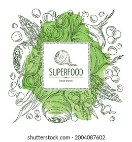 Watercolor background with super food: acai berries, maca peruvian, spirulina algae and  quinoa. Vector hand drawn illustration. 