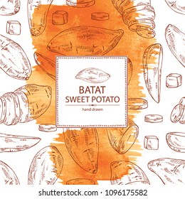 Watercolor background with sweet potato: root and sweet potato slice. Vector hand drawn illustration.