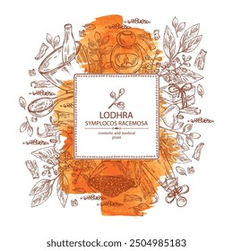 Watercolor background with symplocos racemosa: lodhra  plant, leaves, flowers, lodhra berryes and symplocos racemosa bark. Cosmetics and medical plant. Vector hand drawn illustration