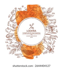 Fundo aquarela com sintomas racemosa: planta lodhra, folhas, flores, lodhra berryes e simplocos racemosa casca. Cosméticos e planta médica. Ilustração desenhada à mão do vetor, medicina asiática