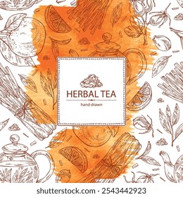 Watercolor background with tea, fruits and hearbs, herbal tea: tea leaves, ogange, lemongrass and rose hip. Vector hand drawn illustration.