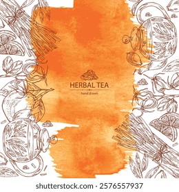 Watercolor background with tea, fruits and hearbs, herbal tea: tea leaves, ogange, lemongrass and rose hip. Vector hand drawn illustration.