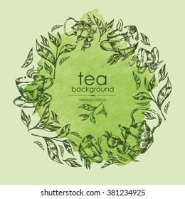 Watercolor background with tea. hand drawn
