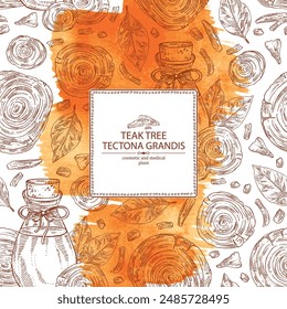 Fondo de acuarela con árbol de teca: planta de tectona grandis, hojas y pieza de madera árbol de teca y botella de aceite esencial de árbol de teca. Tectona grandis. Cosmética, perfumería, planta. Vector dibujado a mano
