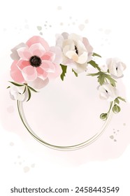 Watercolor background template with delicate wildflowers gathered in a wreath. Round flower frame and watercolour splashes. Design holiday cards, wedding invitations and brochures in rustic style. 