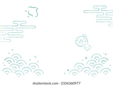 Watercolor Background Template with Fish and Waves