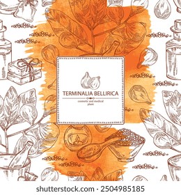 Watercolor background with terminalia bellirica: terminalia bellirica plant, leaves and terminalia bellirica fruit. Bibhitaki fruit. Cosmetic, perfumery and medical plant. Vector hand drawn 