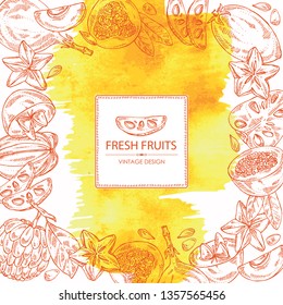 Watercolor background with tropical fruits: cherimoya fruit,sapodilla,granadilla and carambola . Vector hand drawn illustration 