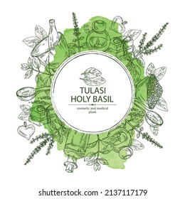 Watercolor background with tulasi: holy basil plant and tulasi leaves. Sacred plant.  Oil, soap and bath salt . Cosmetics and medical plant. Vector hand drawn illustration
