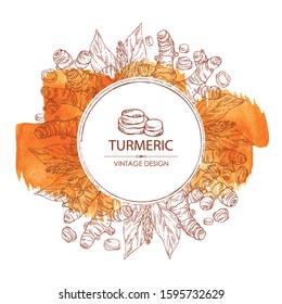 Watercolor background with turmeric: turmeric root and leaves. Vector hand drawn illustration.