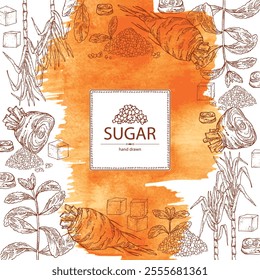 Watercolor background with varios shugar: beet sugar, cane sugar, stevia sugar. Vector hand drawn illustration.